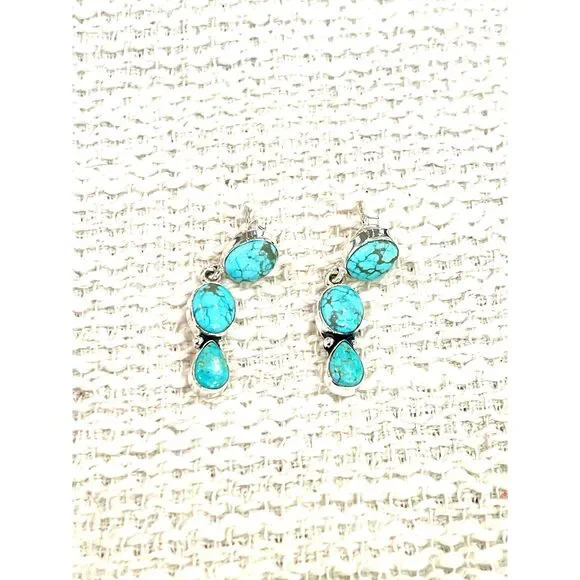Handmade Sterling Silver Number 8 Turquoise Post Dangle Earrings with Signed Ni - Picture 5 of 5
